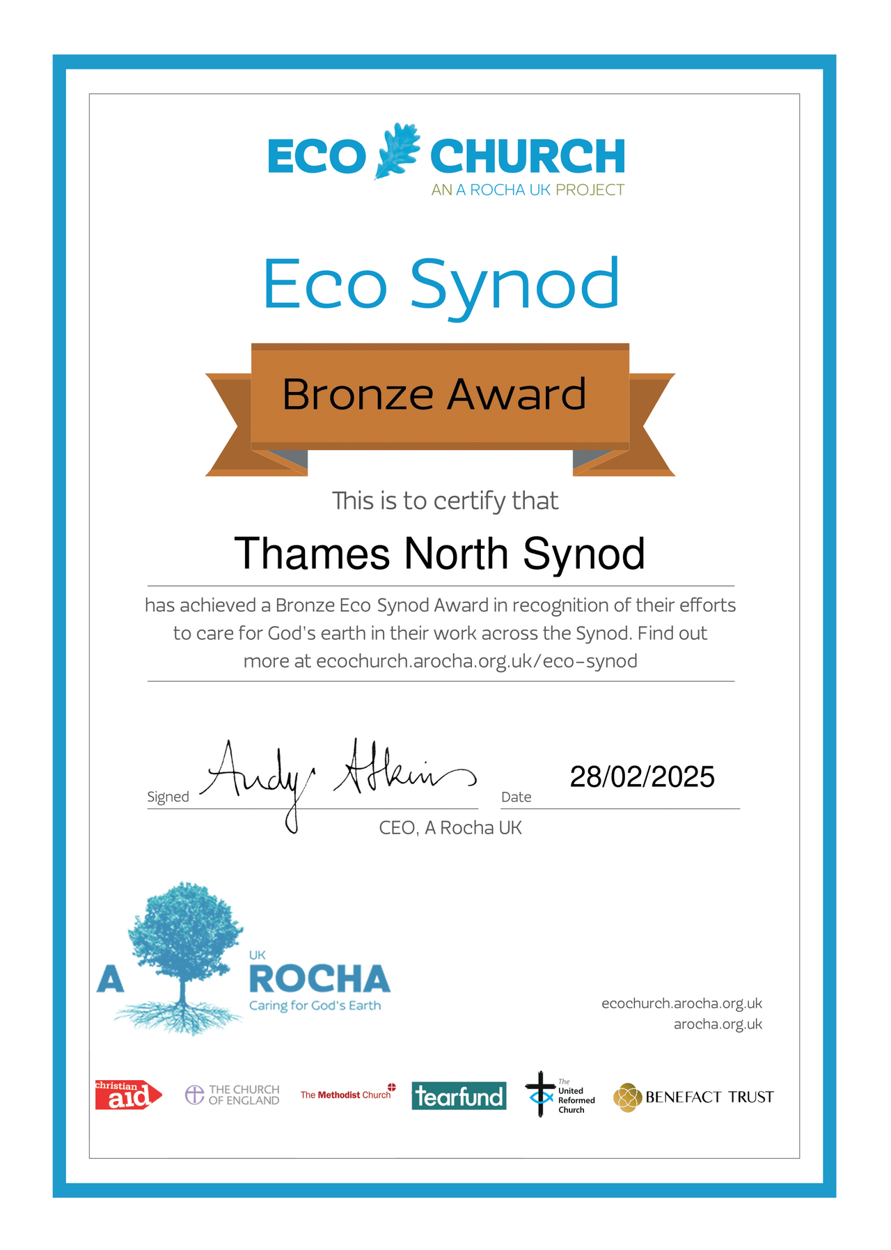 Thames North Synod Eco Synod Bronze Award Certificate png